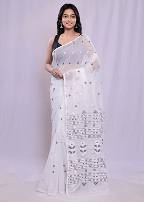 White Tant Cotton Saree Without Blouse Piece - Indian Silk House Agencies