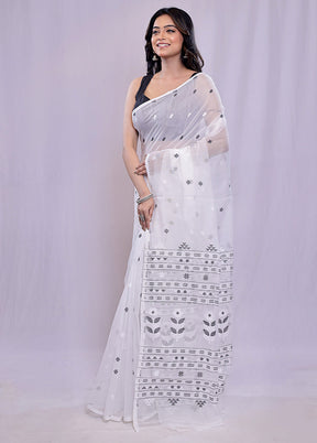 White Tant Cotton Saree Without Blouse Piece - Indian Silk House Agencies