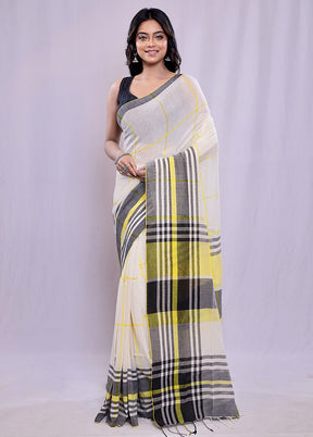 White Khadi Cotton Saree With Blouse Piece - Indian Silk House Agencies