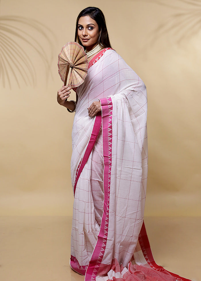 White Khadi Cotton Saree Without Blouse Piece - Indian Silk House Agencies