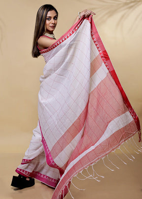 White Khadi Cotton Saree Without Blouse Piece - Indian Silk House Agencies