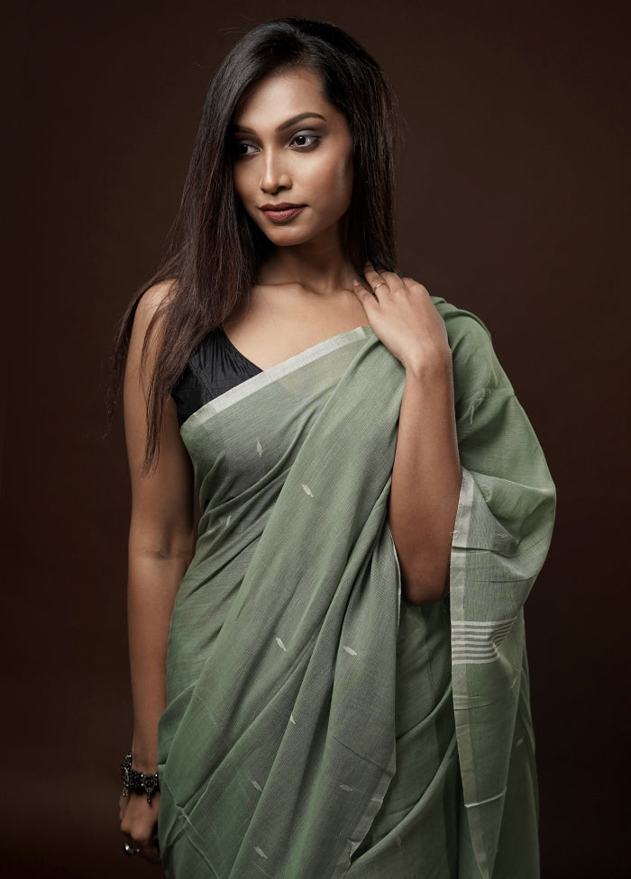 Green Khadi Cotton Saree With Blouse Piece - Indian Silk House Agencies