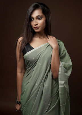 Green Khadi Cotton Saree With Blouse Piece - Indian Silk House Agencies