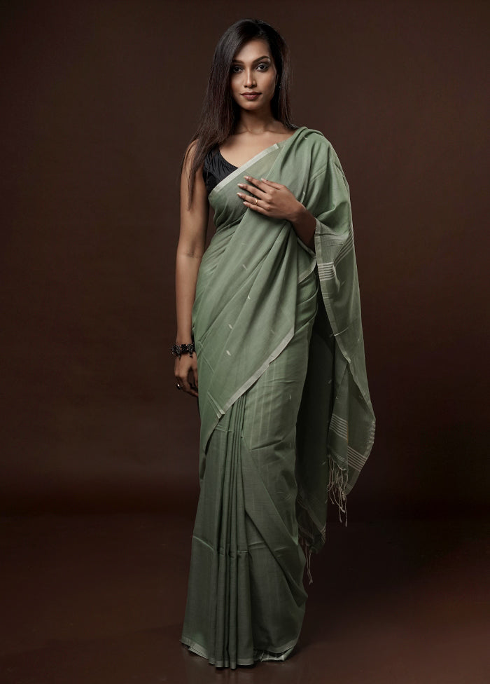 Green Khadi Cotton Saree With Blouse Piece - Indian Silk House Agencies