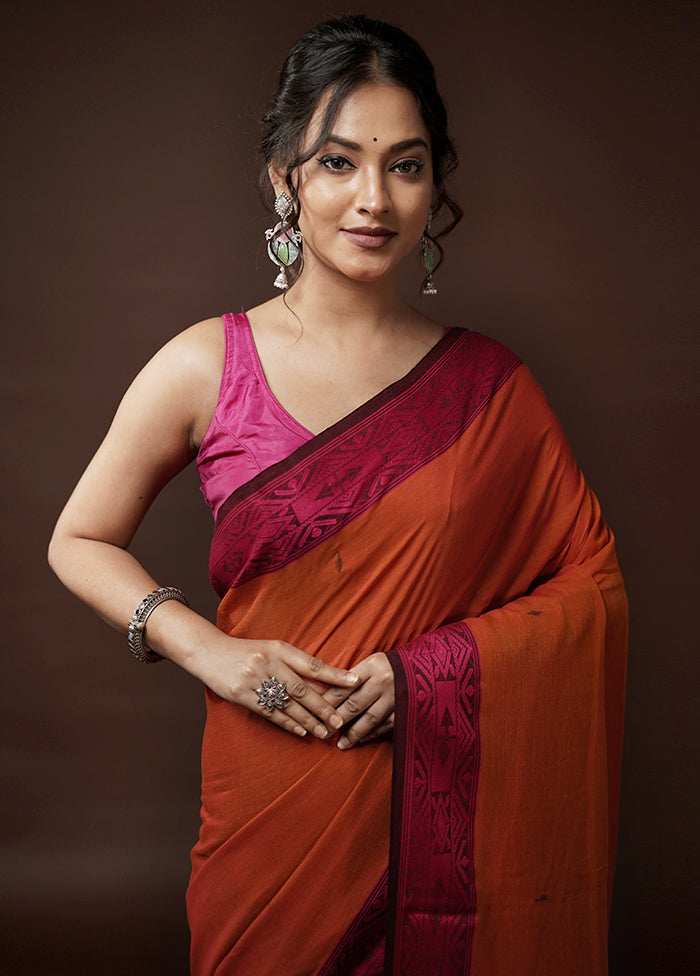 Orange Cotton Saree With Blouse Piece