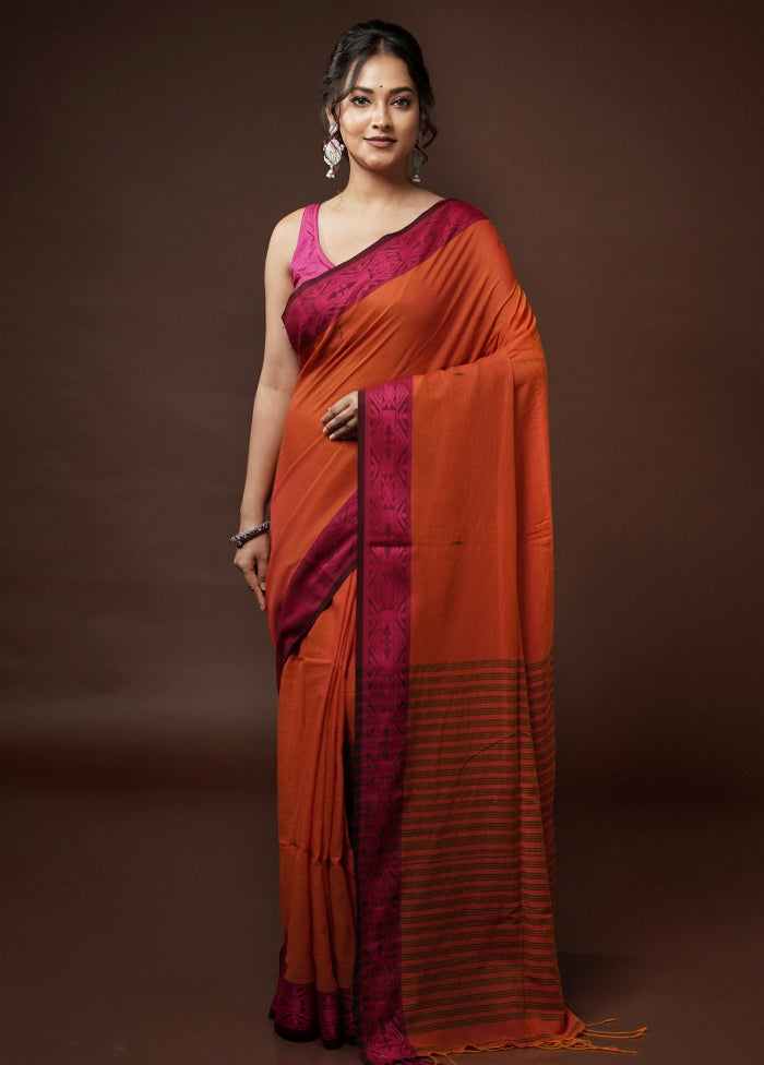 Orange Cotton Saree With Blouse Piece
