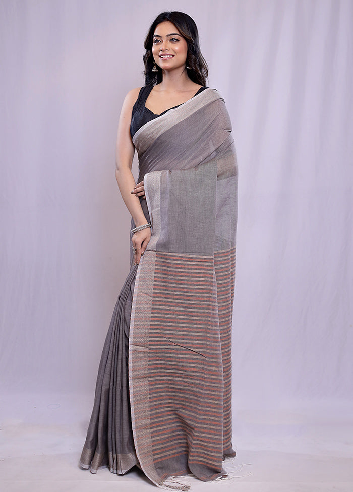 Grey Khadi Cotton Saree With Blouse Piece - Indian Silk House Agencies