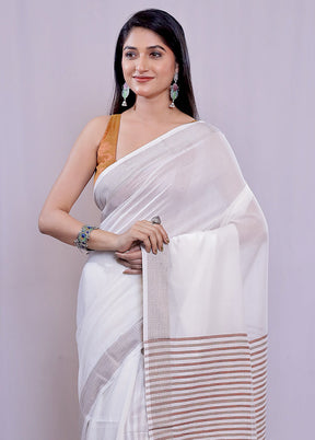 White Khadi Cotton Saree With Blouse Piece - Indian Silk House Agencies