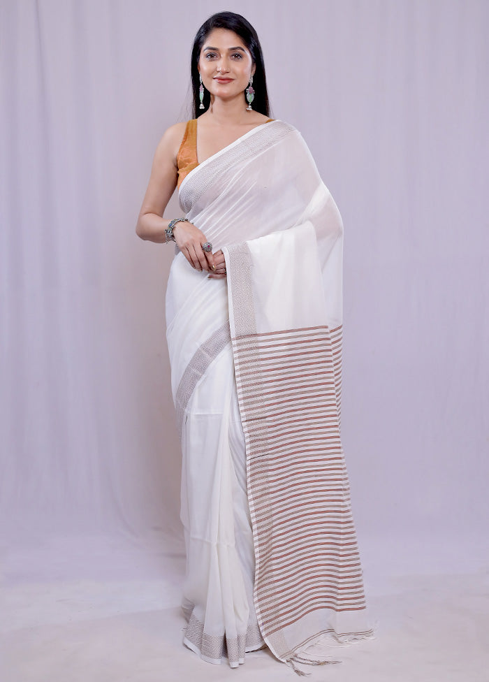 White Khadi Cotton Saree With Blouse Piece - Indian Silk House Agencies