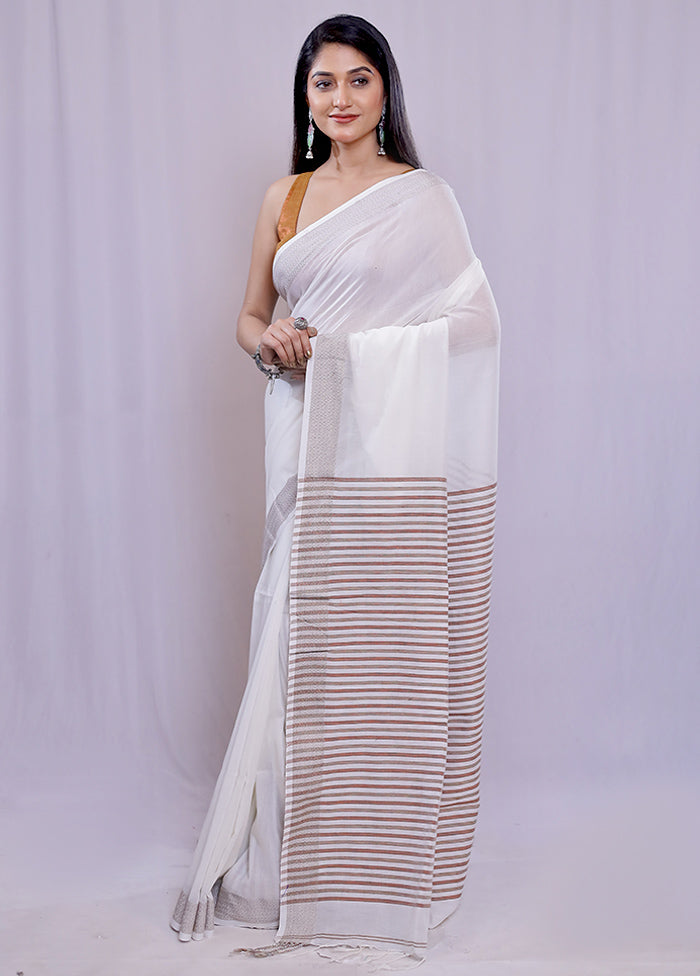 White Khadi Cotton Saree With Blouse Piece - Indian Silk House Agencies