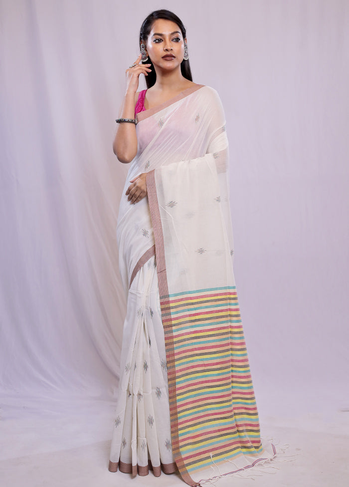 White Khadi Cotton Saree With Blouse Piece - Indian Silk House Agencies