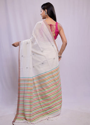 White Khadi Cotton Saree With Blouse Piece - Indian Silk House Agencies