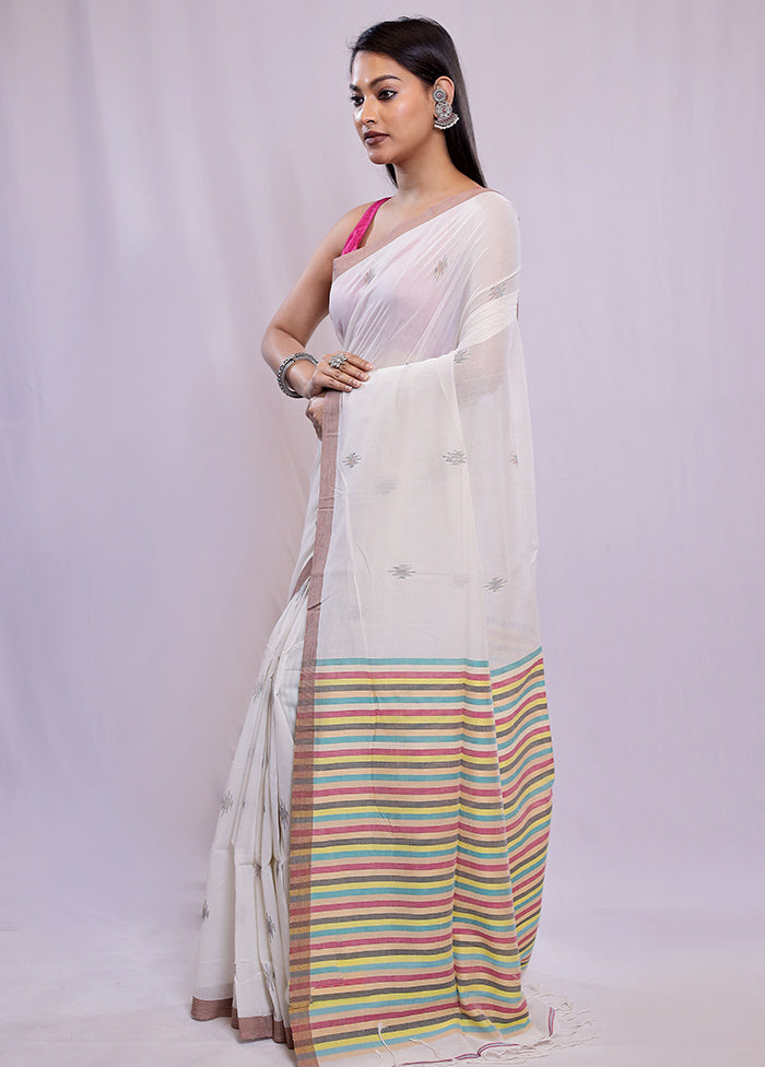 White Khadi Cotton Saree With Blouse Piece - Indian Silk House Agencies