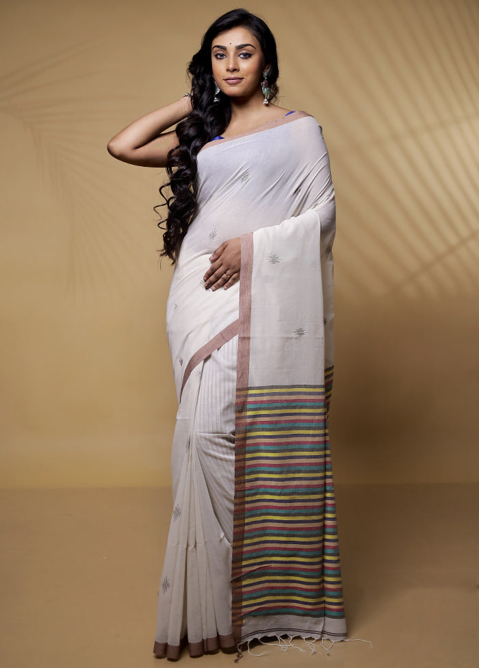 White Khadi Cotton Saree Without Blouse Piece - Indian Silk House Agencies