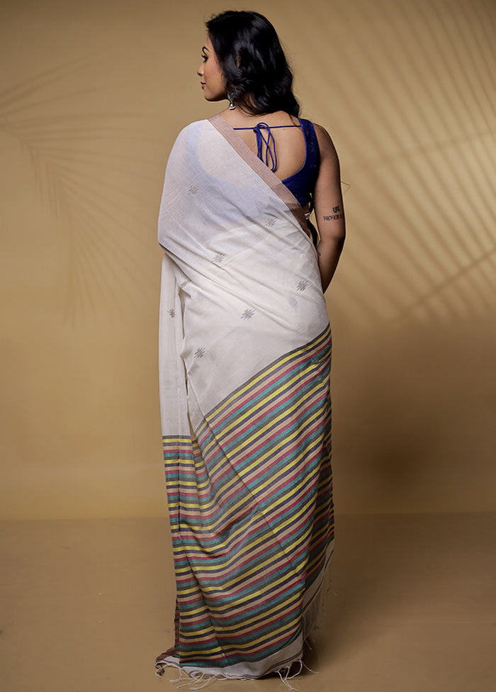 White Khadi Cotton Saree Without Blouse Piece - Indian Silk House Agencies