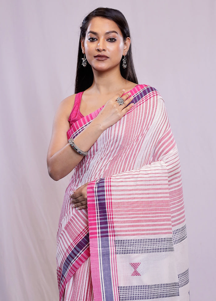 White Khadi Cotton Saree With Blouse Piece - Indian Silk House Agencies