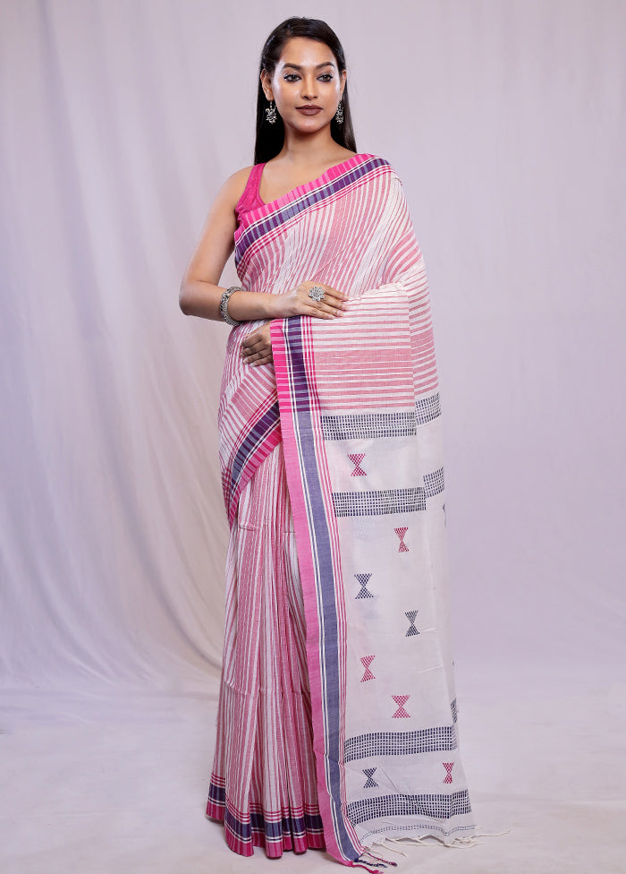 White Khadi Cotton Saree With Blouse Piece - Indian Silk House Agencies