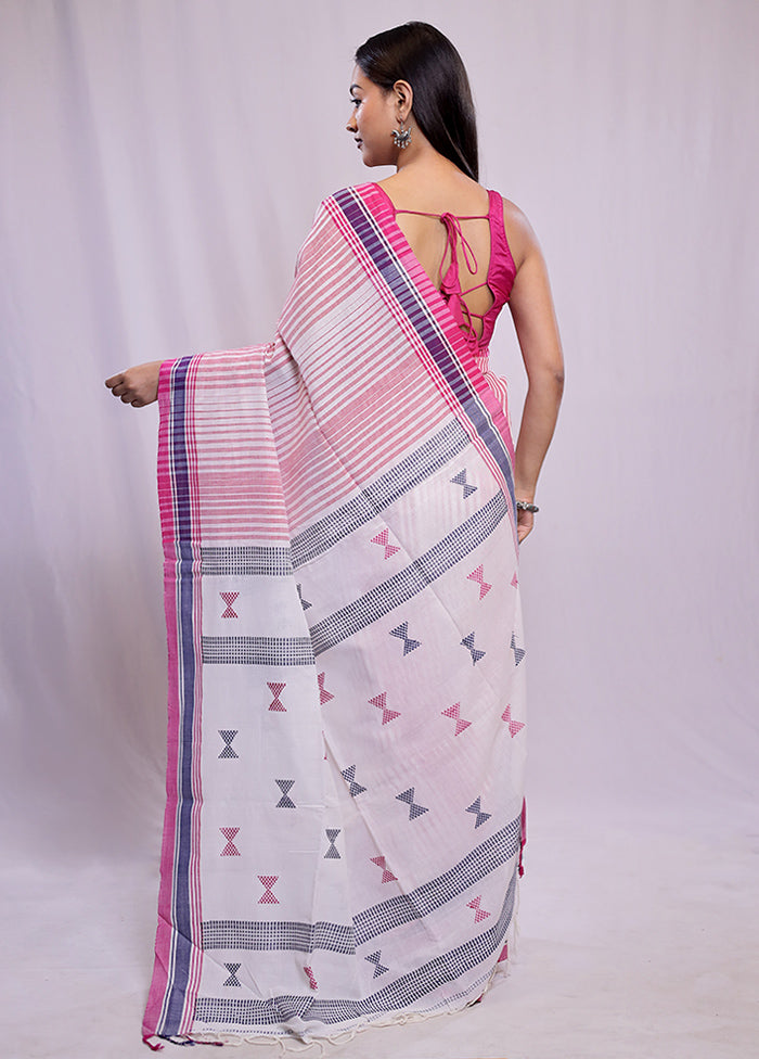 White Khadi Cotton Saree With Blouse Piece - Indian Silk House Agencies