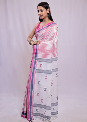 White Khadi Cotton Saree With Blouse Piece - Indian Silk House Agencies