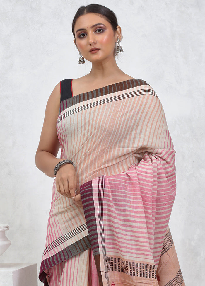 Cream Khadi Cotton Saree With Blouse Piece