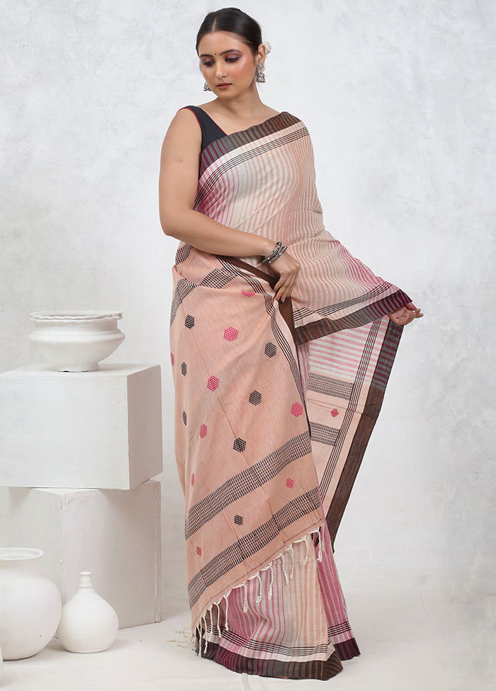 Cream Khadi Cotton Saree With Blouse Piece