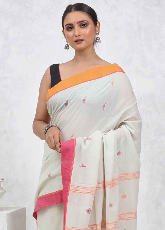 White Khadi Cotton Saree With Blouse Piece - Indian Silk House Agencies