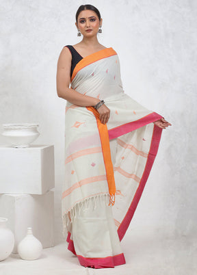 White Khadi Cotton Saree With Blouse Piece - Indian Silk House Agencies