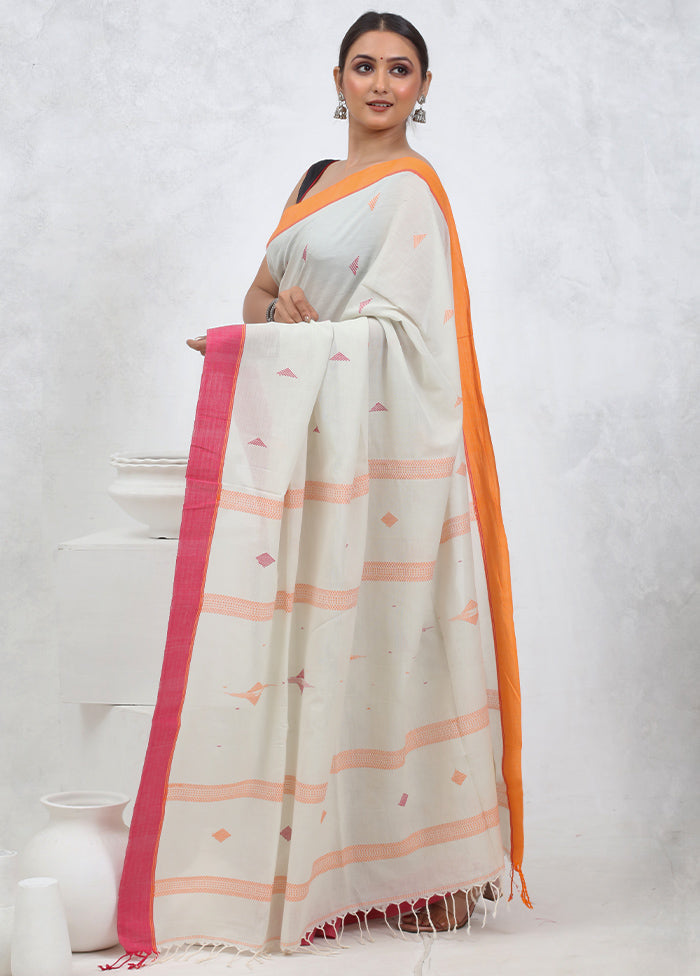 White Khadi Cotton Saree With Blouse Piece