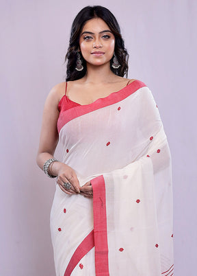 White Khadi Cotton Saree With Blouse Piece - Indian Silk House Agencies