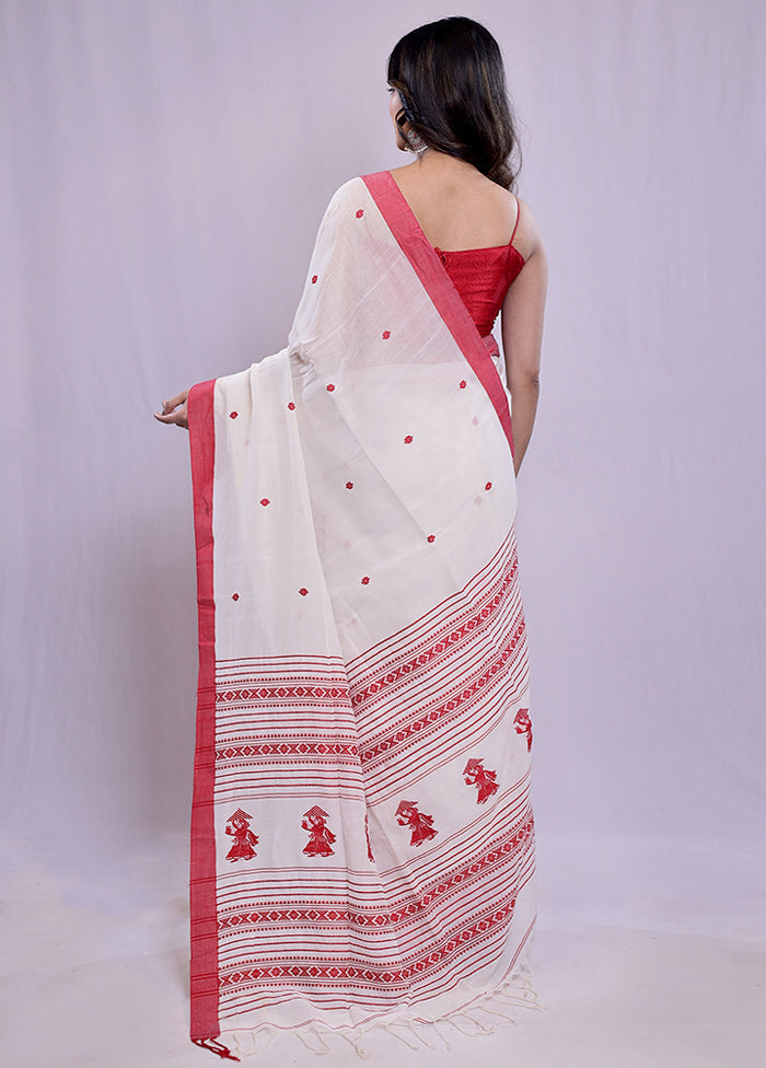 White Khadi Cotton Saree With Blouse Piece - Indian Silk House Agencies