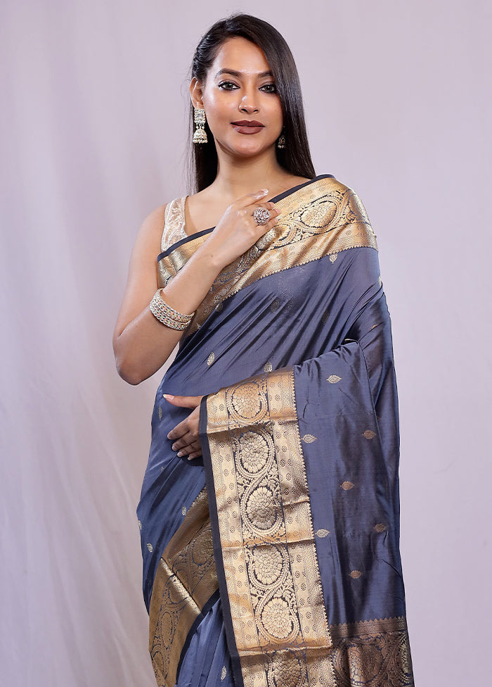 Grey Kanjivaram Silk Saree With Blouse Piece - Indian Silk House Agencies