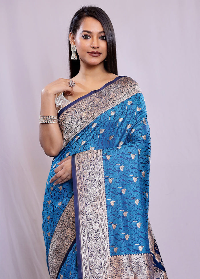 Blue Banarasi Silk Saree With Blouse Piece - Indian Silk House Agencies