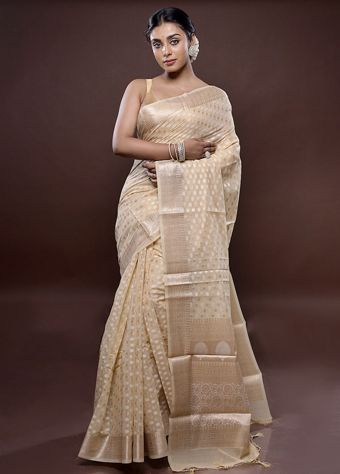 Cream Kora Silk Saree Without Blouse Piece - Indian Silk House Agencies