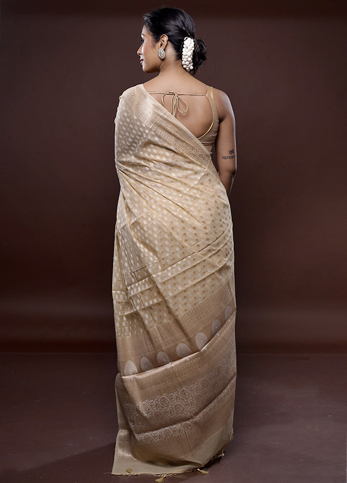 Cream Kora Silk Saree Without Blouse Piece - Indian Silk House Agencies