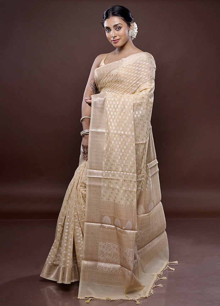 Cream Kora Silk Saree Without Blouse Piece - Indian Silk House Agencies