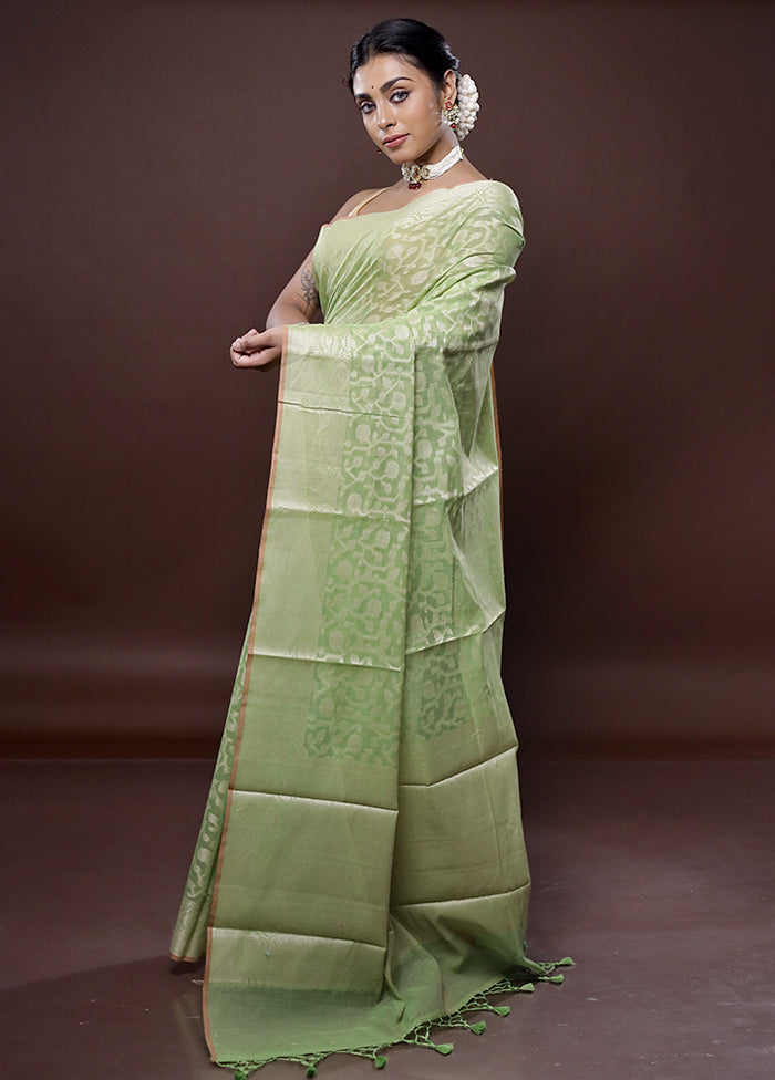 Green Cotton Saree Without Blouse Piece - Indian Silk House Agencies