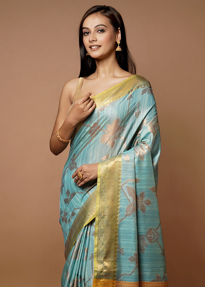 Blue Dupion Silk Saree With Blouse Piece