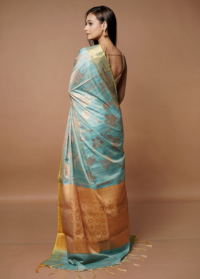 Blue Dupion Silk Saree With Blouse Piece