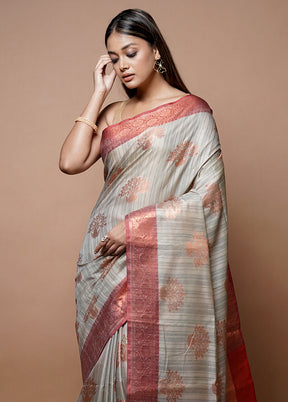 Grey Dupion Silk Saree With Blouse Piece