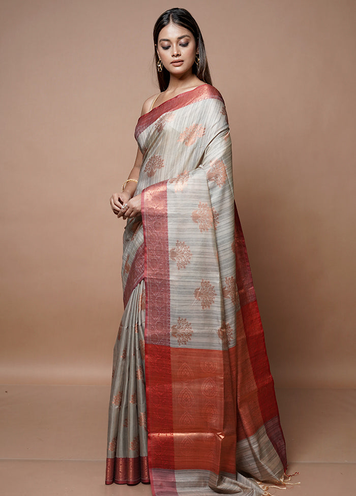 Grey Dupion Silk Saree With Blouse Piece