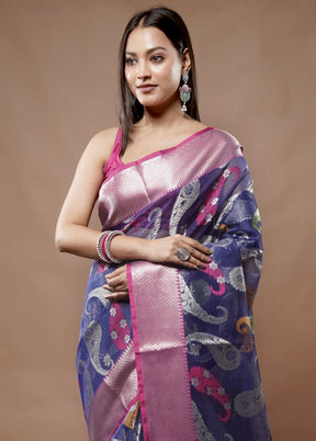 Blue Organza Saree With Blouse Piece - Indian Silk House Agencies