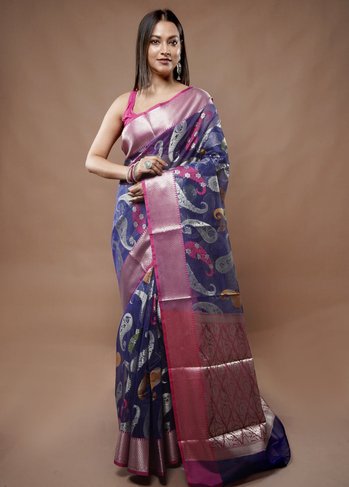 Blue Organza Saree With Blouse Piece - Indian Silk House Agencies