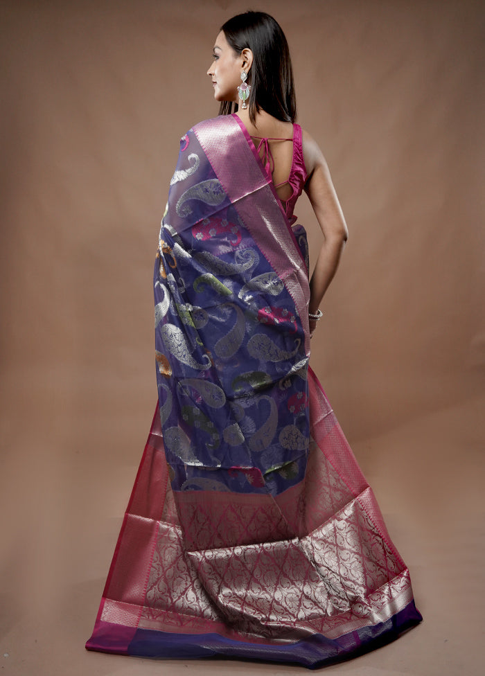 Blue Organza Saree With Blouse Piece - Indian Silk House Agencies