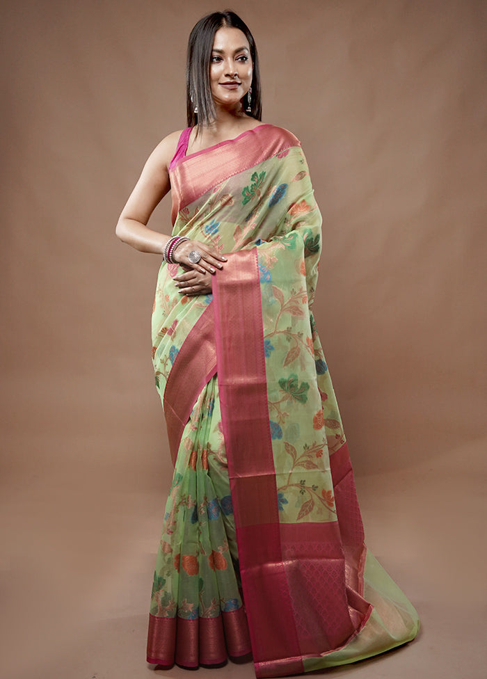 Green Organza Saree With Blouse Piece - Indian Silk House Agencies