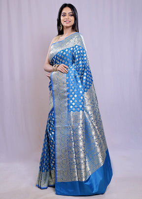 Blue Banarasi Silk Saree With Blouse Piece - Indian Silk House Agencies