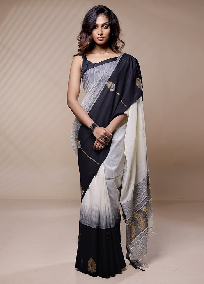 Black Pure Khadi Cotton Saree Without Blouse Piece - Indian Silk House Agencies