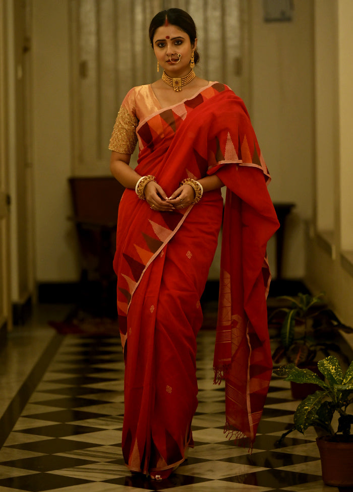 Red Khadi Cotton Saree With Blouse Piece - Indian Silk House Agencies