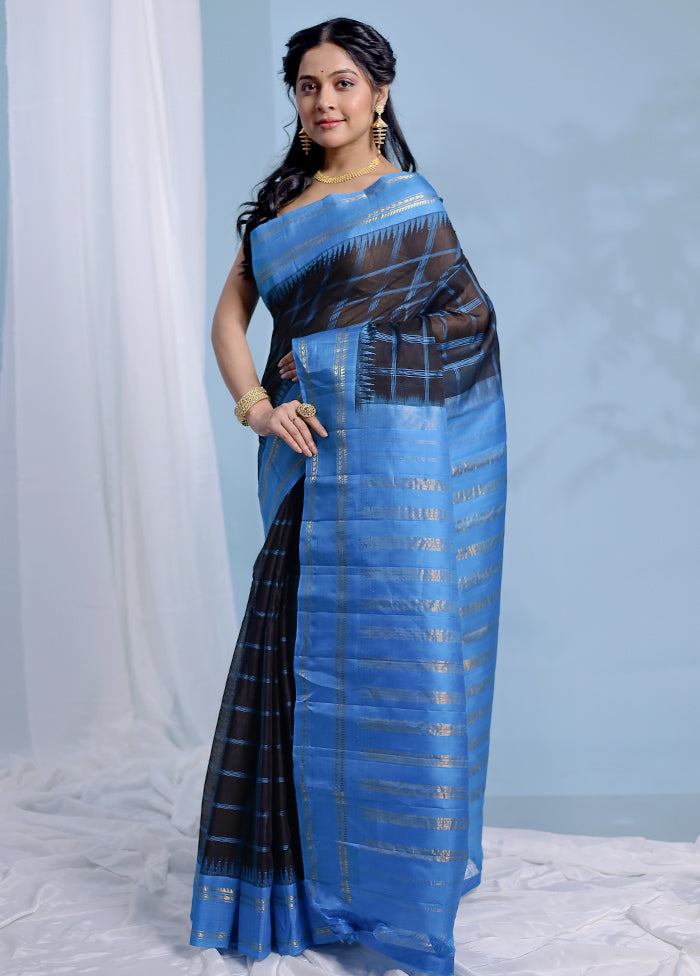 Black Gadwal Pure Silk Saree Without Blouse Piece - Indian Silk House Agencies