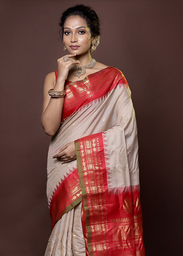 Cream Gadwal Pure Silk Saree Without Blouse Piece