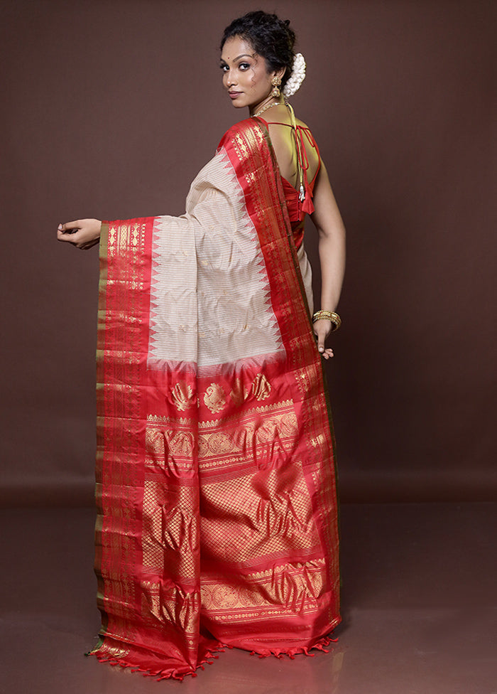 Cream Gadwal Pure Silk Saree Without Blouse Piece